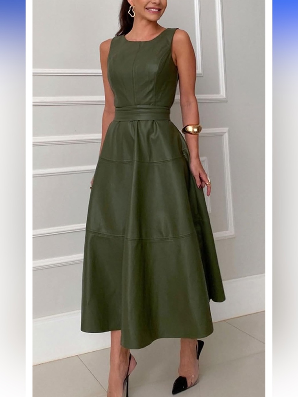 Faux Leather Midi Dress. Olive Green. Size Small & XL. NWT. - Picture 2 of 3
